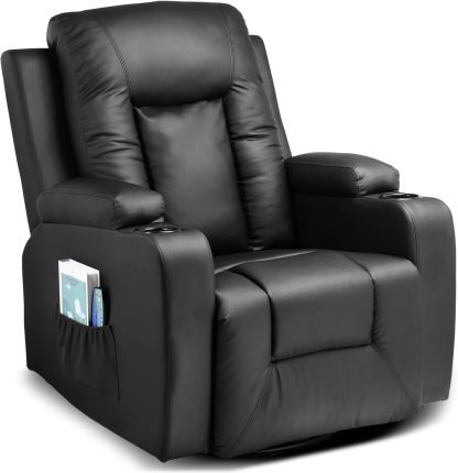 COMHOMA - Silla reclinable de Piel con calefacción y Masaje ergonómico Giratorio de 360 Grados, Soporte para Bebidas para sofá Individual, Silla de Sala de Estar, Color Negro