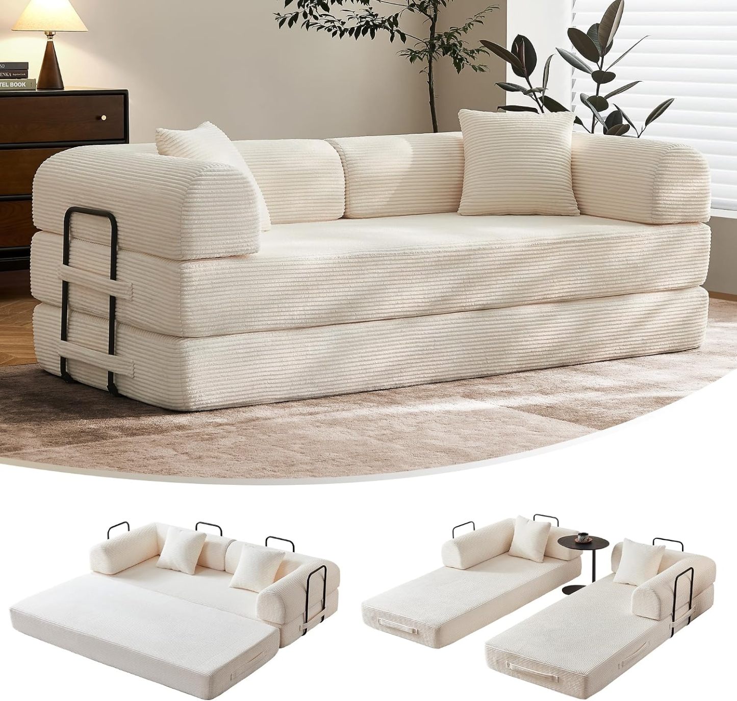🛋️ Sofá Cama Convertible 79 Pulgadas, Diseño Deshuesado, Mueble Multifuncional para Sala de Estar, Colores Beige y Blanco
