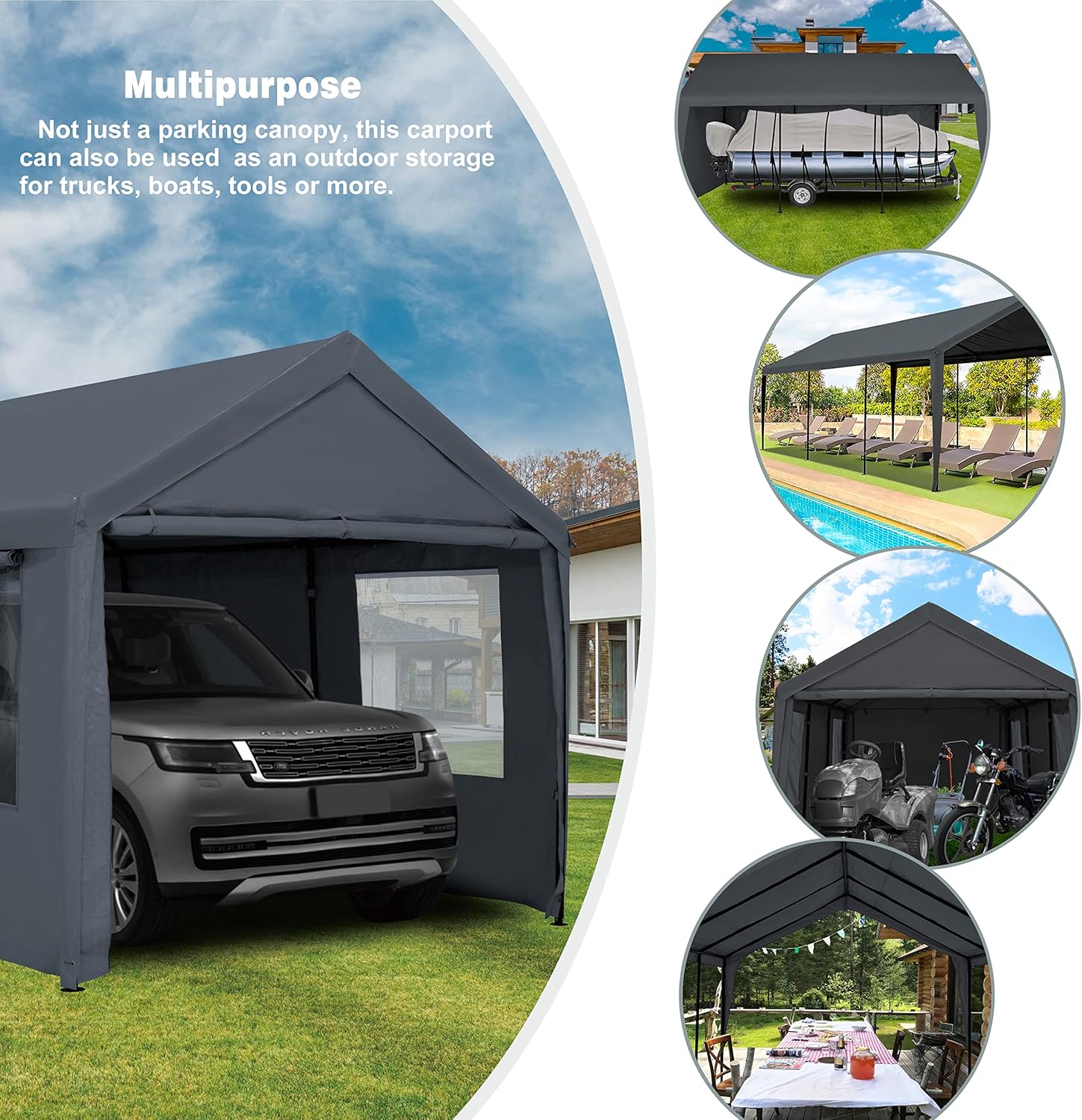 Carport - Toldo para automóvil de 12 x 20 pies, resistente con ventanas transparentes, paredes laterales y puertas extraíbles, para todas las estaciones y garaje portátil para barco, fiesta de boda, campamento al aire libre, comercial, resistente a los ra