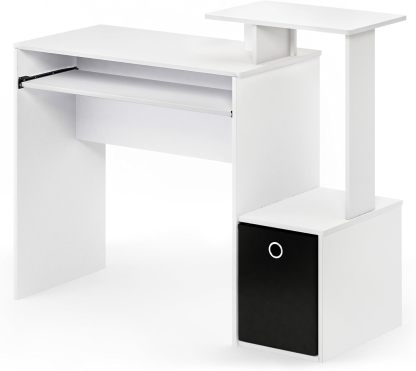 Furinno Econ Escritorio de escritura de computadora de oficina en casa multipropósito W/Bin, Blanco/Negro