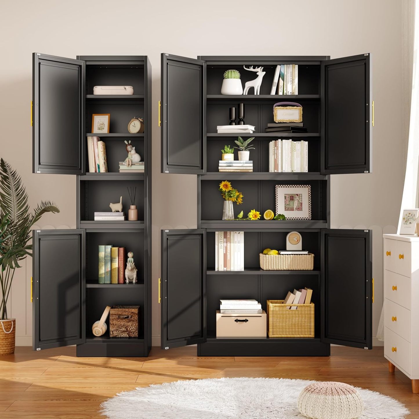 Ckzbx Gabinete de cocina de metal de 61 pulgadas de alto con 4 puertas, armarios de baño, 2 estantes ajustables para cocina, oficina en casa, sala de estar, comedor (negro)