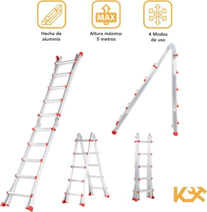 Kingsman | Escalera Multiposiciones 12 Peldaños con Charolas – Soporta hasta 150 kg – Escalera de Aluminio 3.5 MTS – Plegable – Escalera Multipropósito – Tipo Tijera – Andamio – Escalera Recta