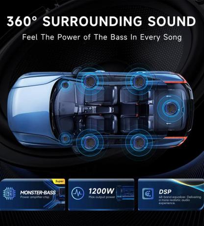 Subwoofer VIKEJIEBIV de 1200 W, paquete de subwoofer y amplificador delgado para debajo del asiento del coche con luz ambiental, control individual para paso bajo/ganancia/refuerzo de graves, sonido estéreo potente, graves profundos, accesorio perfecto pa