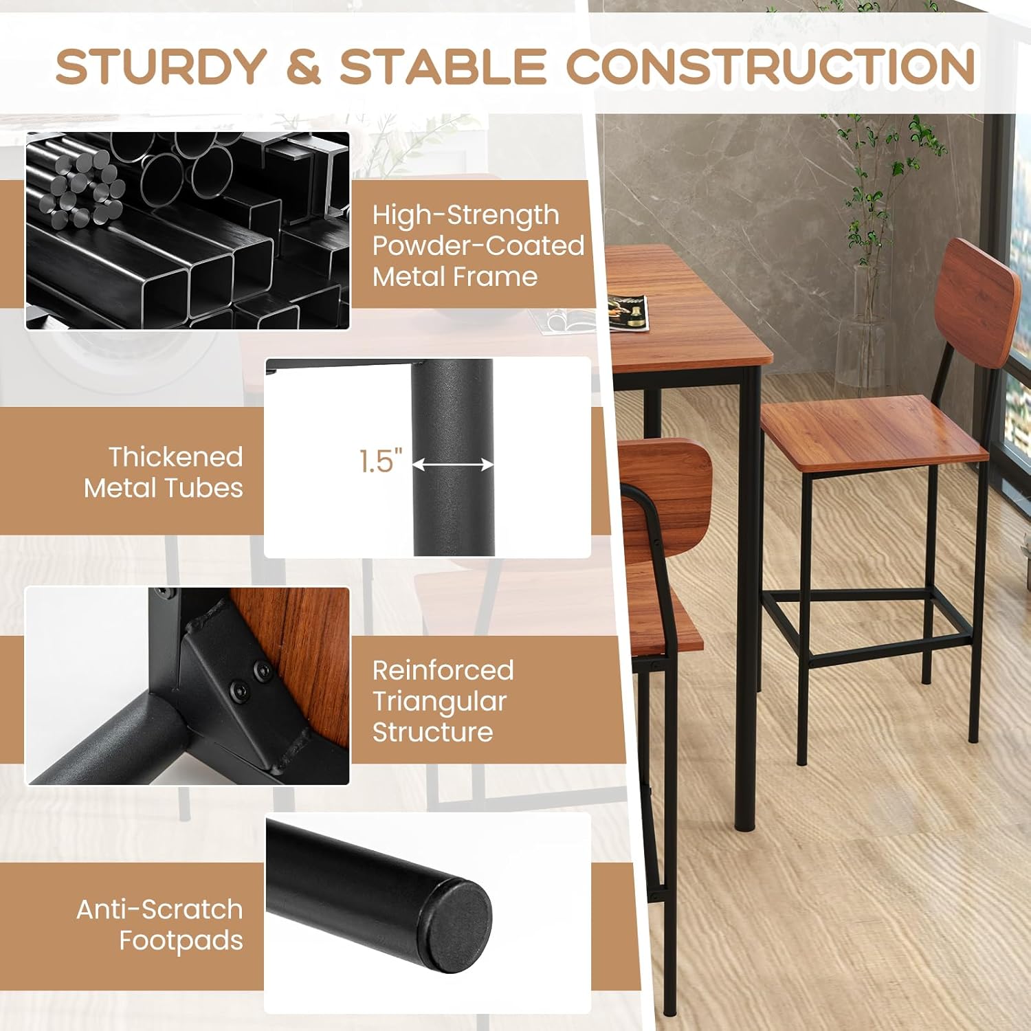 Juego de mesa de comedor de 5 piezas con mesa de altura y 4 taburetes de bar, juego de comedor industrial de cocina con reposapiés y respaldo, juego de comedor que ahorra espacio para pub,