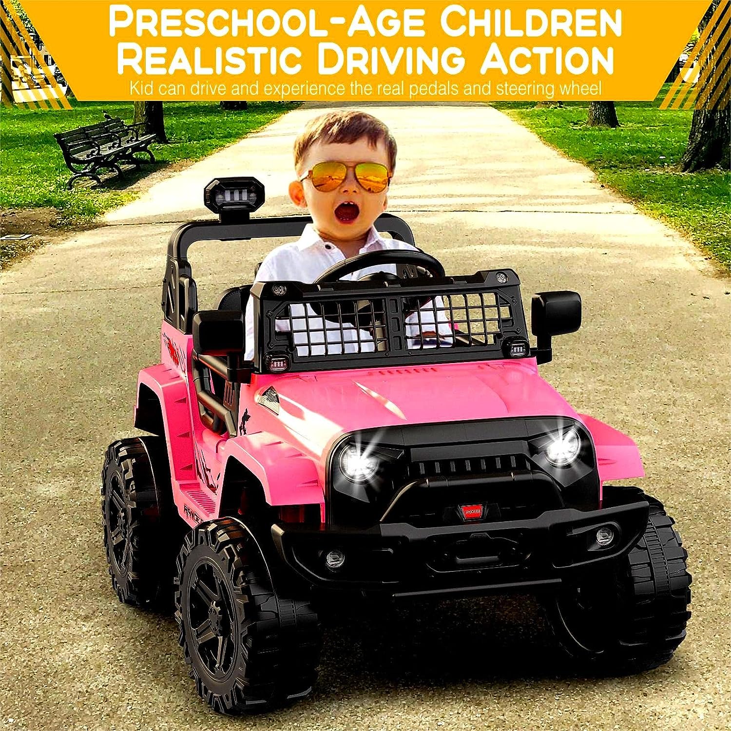 Hetoy Ride on Truck Car 12V Kids Electric Vehicles with Remote Control Spring Suspension, LED Lights, Bluetooth, 2 Speeds