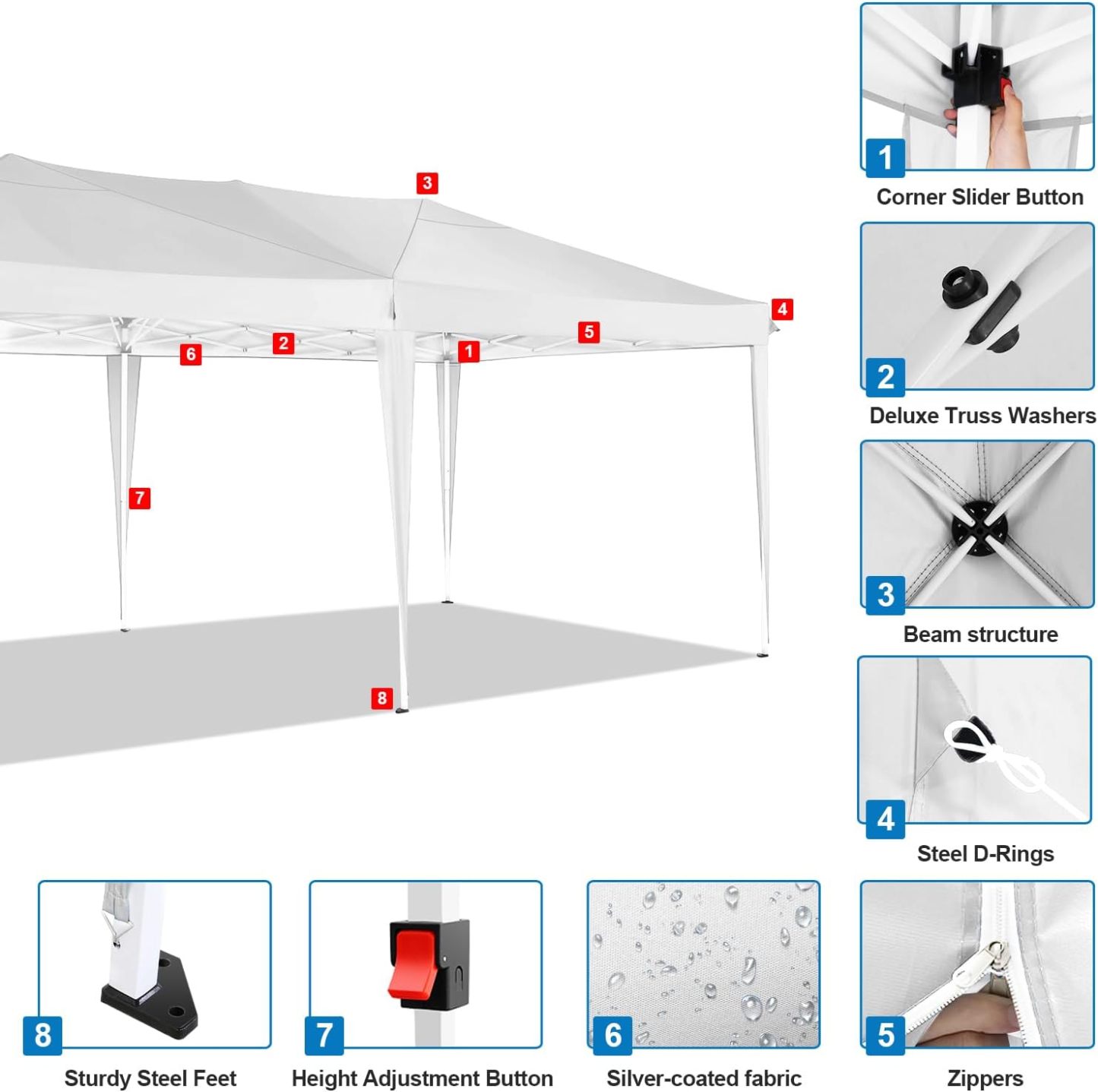 COBIZI - Toldo desplegable de 10 x 20 Pulgadas con 6 Paredes Laterales, toldo Impermeable para Eventos al Aire última intervensión, UPF 50+ cenador portátil para Fiestas, Playa, Camping, Boda,