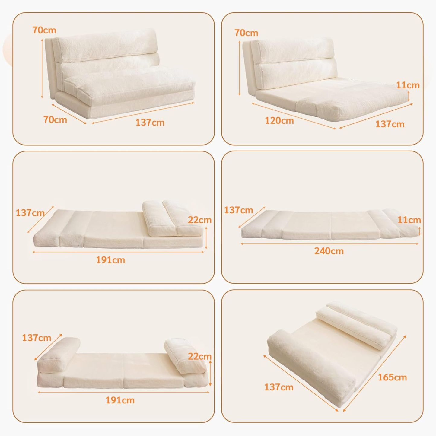 MAXYOYO - Puf plegable para sofá, cama, colchón de piso para adultos, extra grueso, 6 pliegues, sofá para recámara, sala de estar, beige, 135 x 240 cm