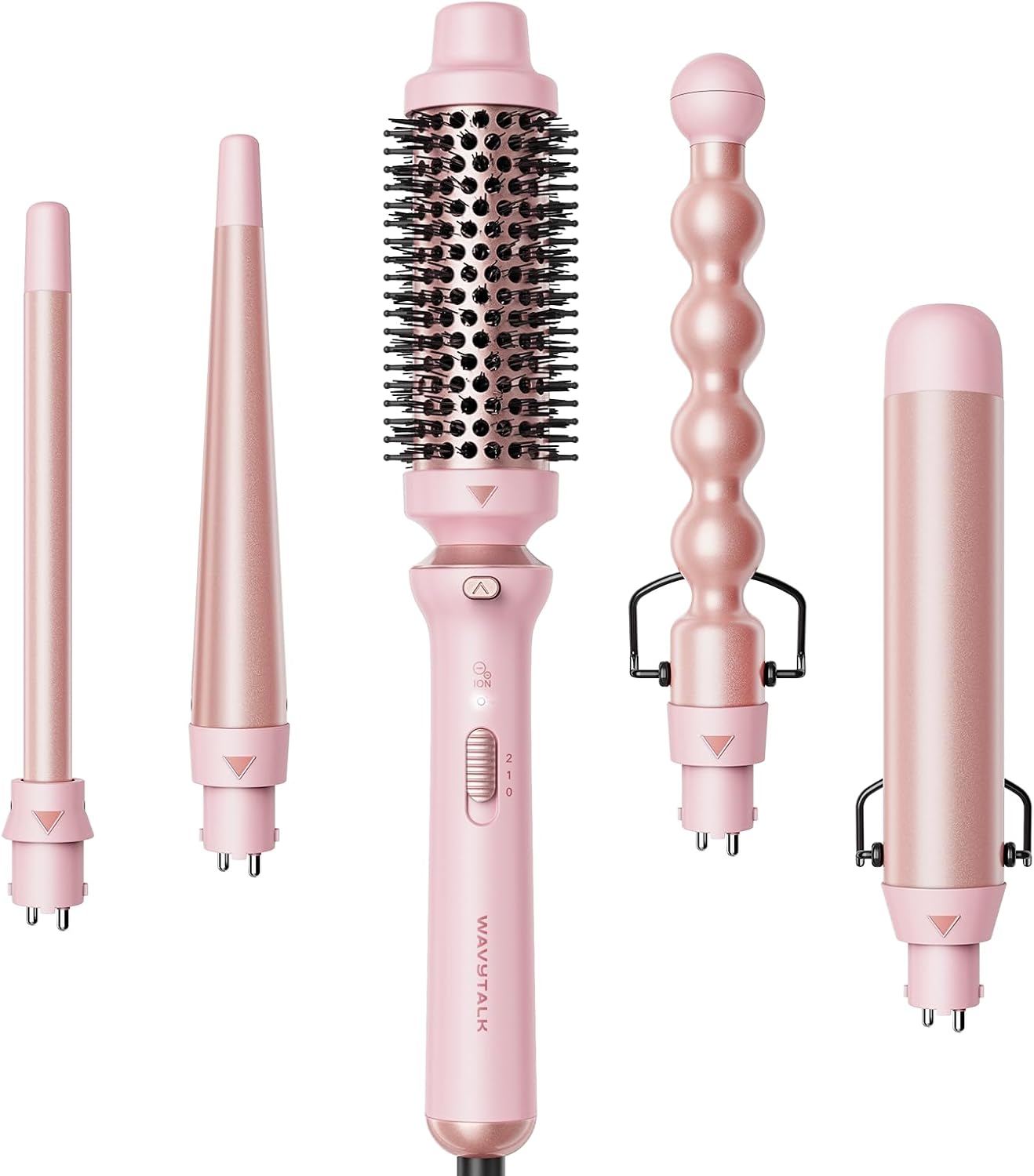 5 en 1 Ceramic Curling Wand, Rizador de Pelo de calentamiento rápido de 1/2 a 1 1/2 pulgadas y Cepillo Térmico, Rizadora para Cabello de Doble Voltaje, Oro Rosa
