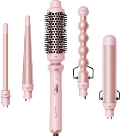 5 en 1 Ceramic Curling Wand, Rizador de Pelo de calentamiento rápido de 1/2 a 1 1/2 pulgadas y Cepillo Térmico, Rizadora para Cabello de Doble Voltaje, Oro Rosa