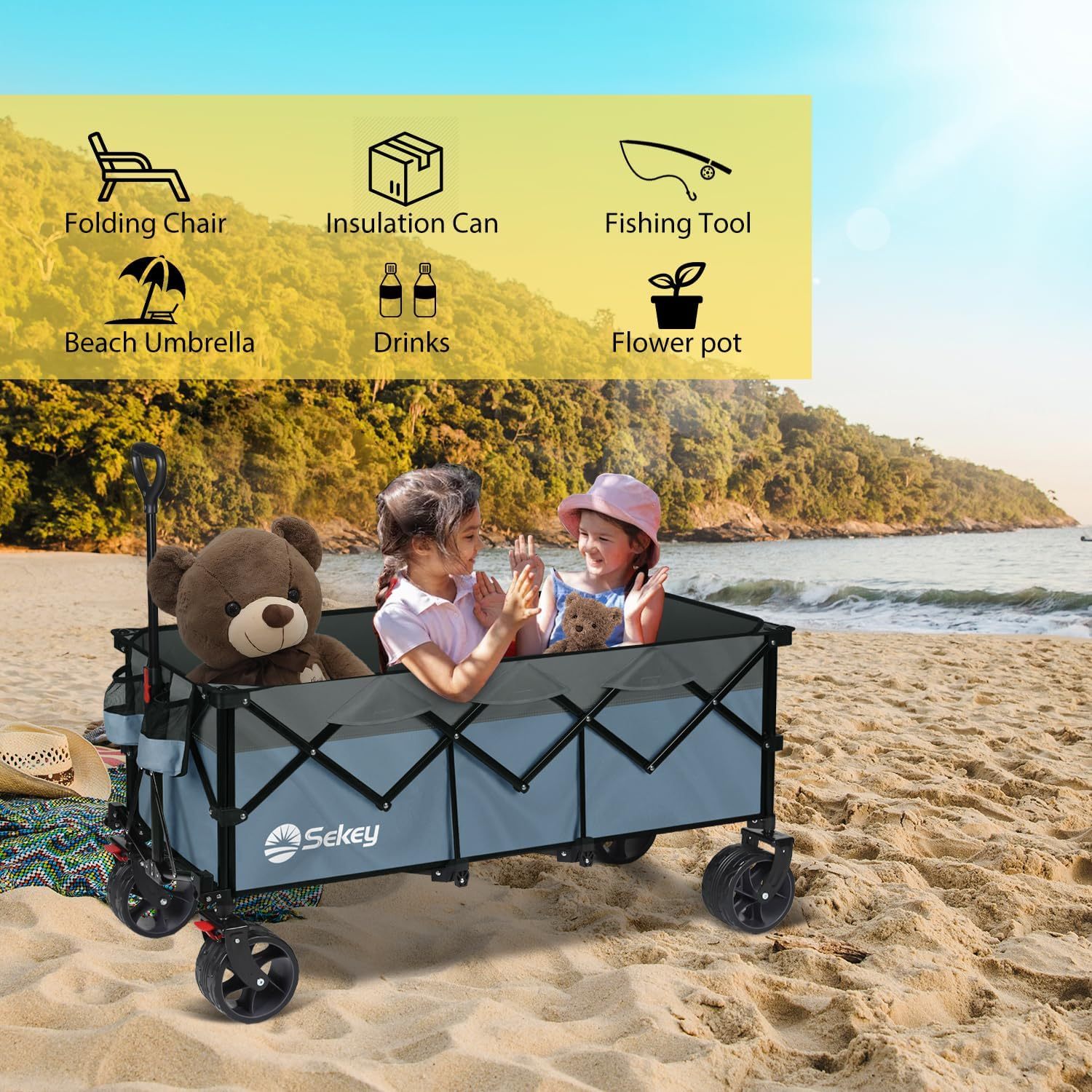 Sekey Carro plegable plegable de 48 pulgadas de largo con capacidad de peso de 420 libras, carro de jardín plegable de 300 litros de servicio pesado con ruedas de playa grandes todo terreno y soportes