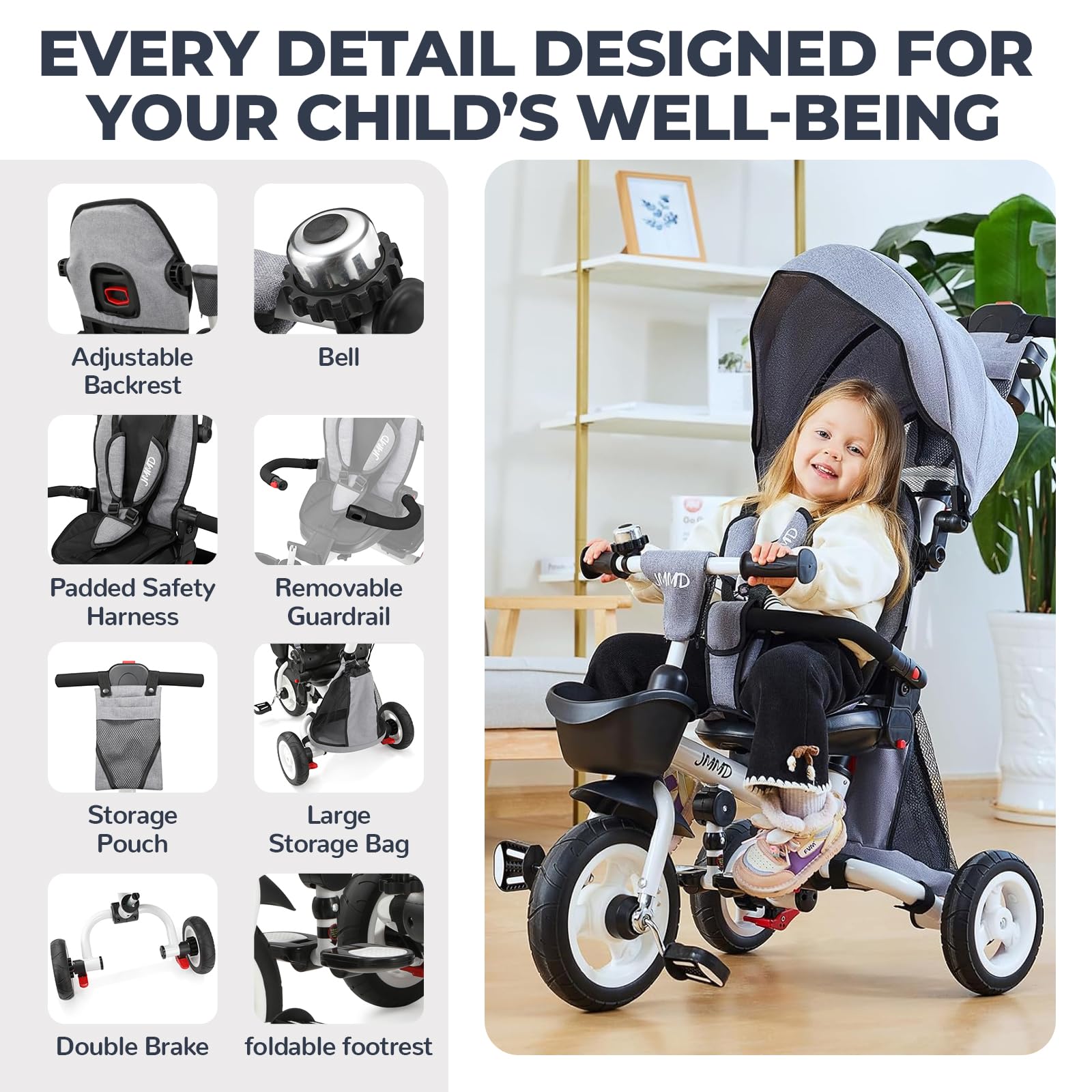 👨‍👩‍👧☀️JMMD Triciclo para bebé, 7 en 1 plegable para niños con mango ajustable para padres, arnés de seguridad y frenos de rueda, toldo extraíble, almacenamiento, carriola de bebé, regalo para niños pequeños de 18 meses a 5 años (verde)