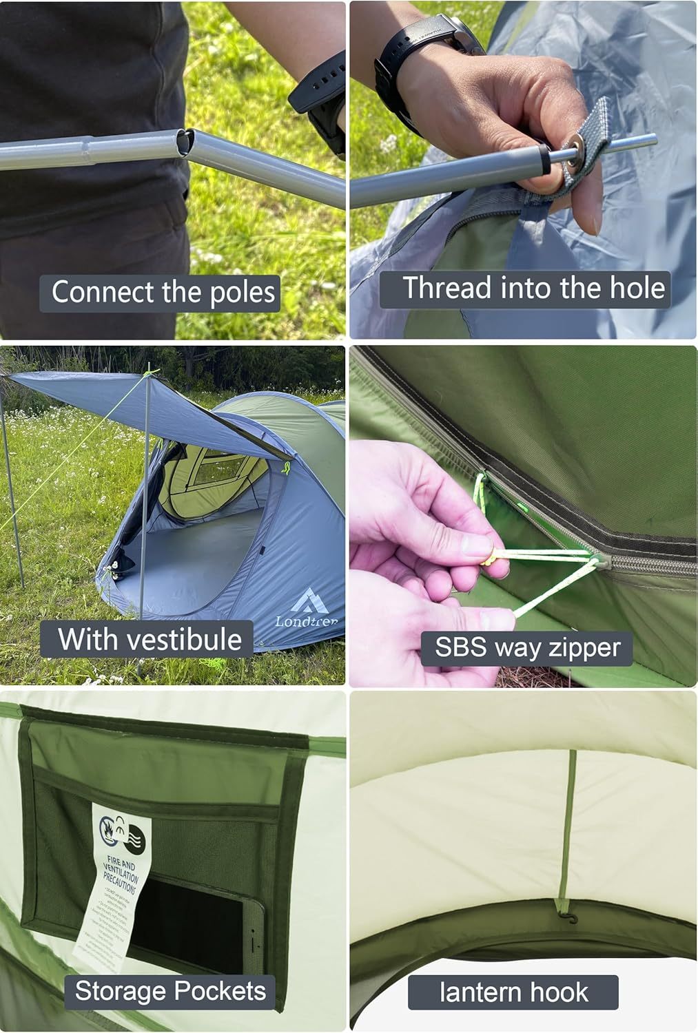 Tienda de campaña para 4 personas, fácil de desplegar e impermeable, configuración automática, 2 puertas, tiendas de campaña familiares instantáneas para camping, senderismo y viajes