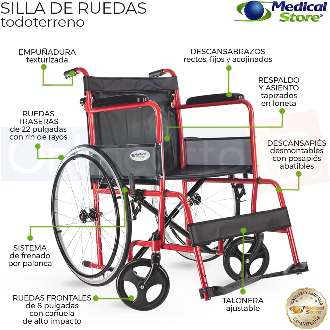 MEDICAL STORE Silla de Ruedas, Modelo 809F, Acero Resistente, Descansapies Desmontables, Descansabrazos Fijos Rectos, Asiento y Respaldo de Vinil Alta Resistencia. (ROJO)
