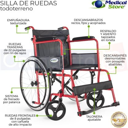 MEDICAL STORE Silla de Ruedas, Modelo 809F, Acero Resistente, Descansapies Desmontables, Descansabrazos Fijos Rectos, Asiento y Respaldo de Vinil Alta Resistencia. (ROJO)