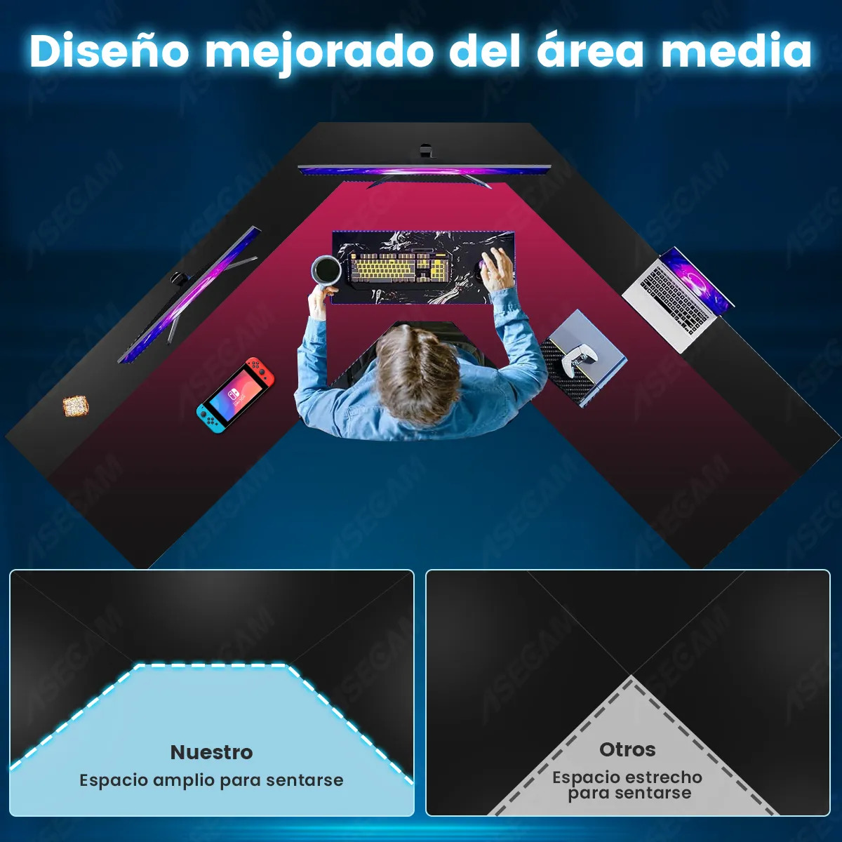 Escritorio Gamer En Forma De L Con Luz Led , Toma Y Soporte