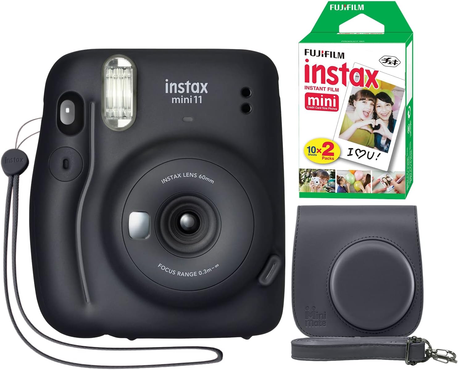 Fujifilm Instax Mini 11 cámara instantánea gris carbón + funda personalizada + película Fuji Instax 20 hojas, paquete doble