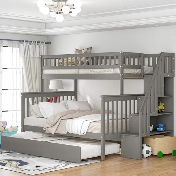 Oferta de liquidación: litera doble sobre una cama completa con cajón, 4 espacios de almacenamiento y barandilla