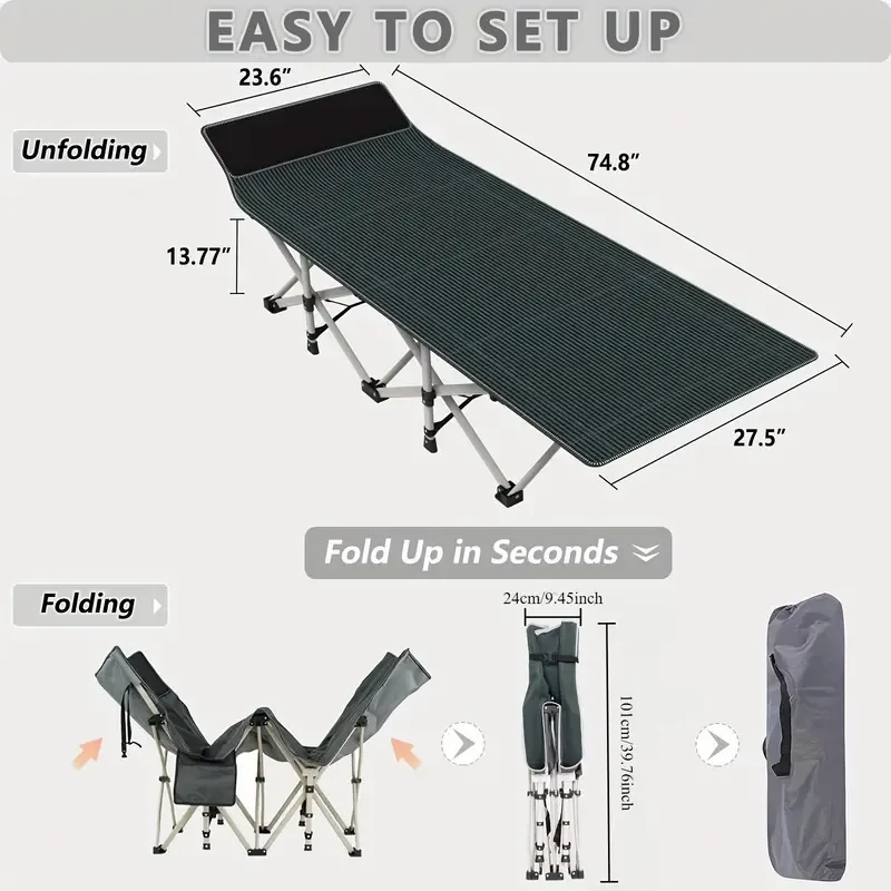 Portable Folding Camping Bed with Dual-Sided Mattress - Heavy-Duty, Easy Carry Design in Gray & Blue