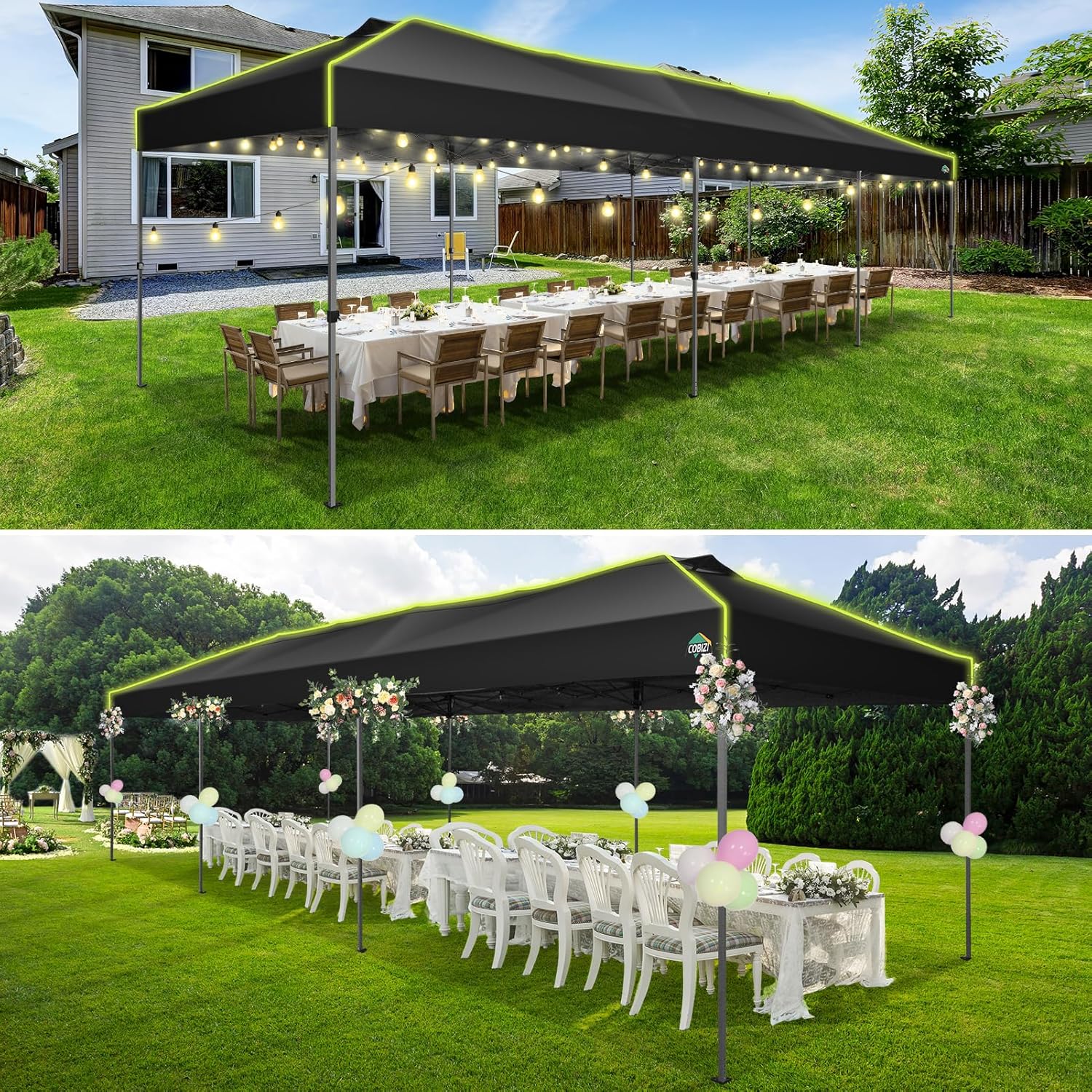 COBIZI - Tienda de campaña desplegable de 10 x 20 Pulgadas, Tienda de campaña instantánea Comercial para Bodas, Fiestas con 3 Altura Ajustable, toldo Ez Up para Exteriores, Impermeable, UPF50+ con