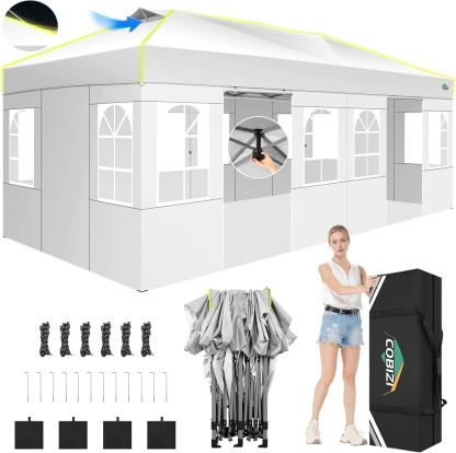 COBIZI - Tienda de campaña desplegable de 10 x 20 Pulgadas, Tienda de campaña instantánea Comercial para Bodas, Fiestas con 3 Altura Ajustable, toldo Ez Up para Exteriores, Impermeable, UPF50+ con