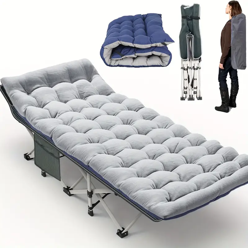 Portable Folding Camping Bed with Dual-Sided Mattress - Heavy-Duty, Easy Carry Design in Gray & Blue