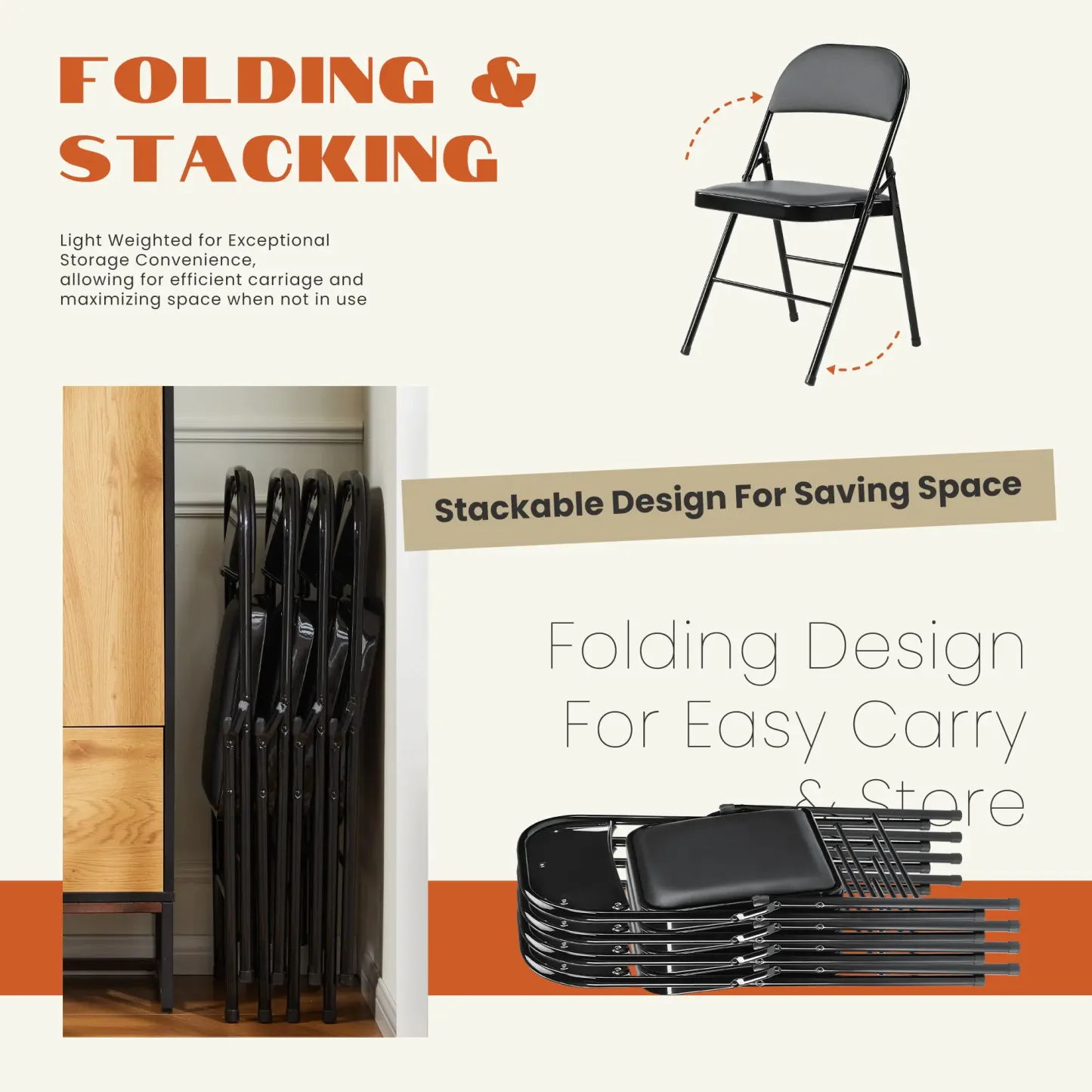 【Paquete económico】 Silla plegable con asiento acolchado en piel, estructura metálica robusta, asiento versátil para uso en interiores y exteriores.