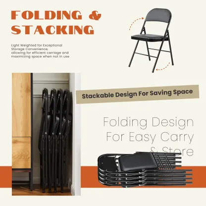 【Paquete económico】 Silla plegable con asiento acolchado en piel, estructura metálica robusta, asiento versátil para uso en interiores y exteriores.