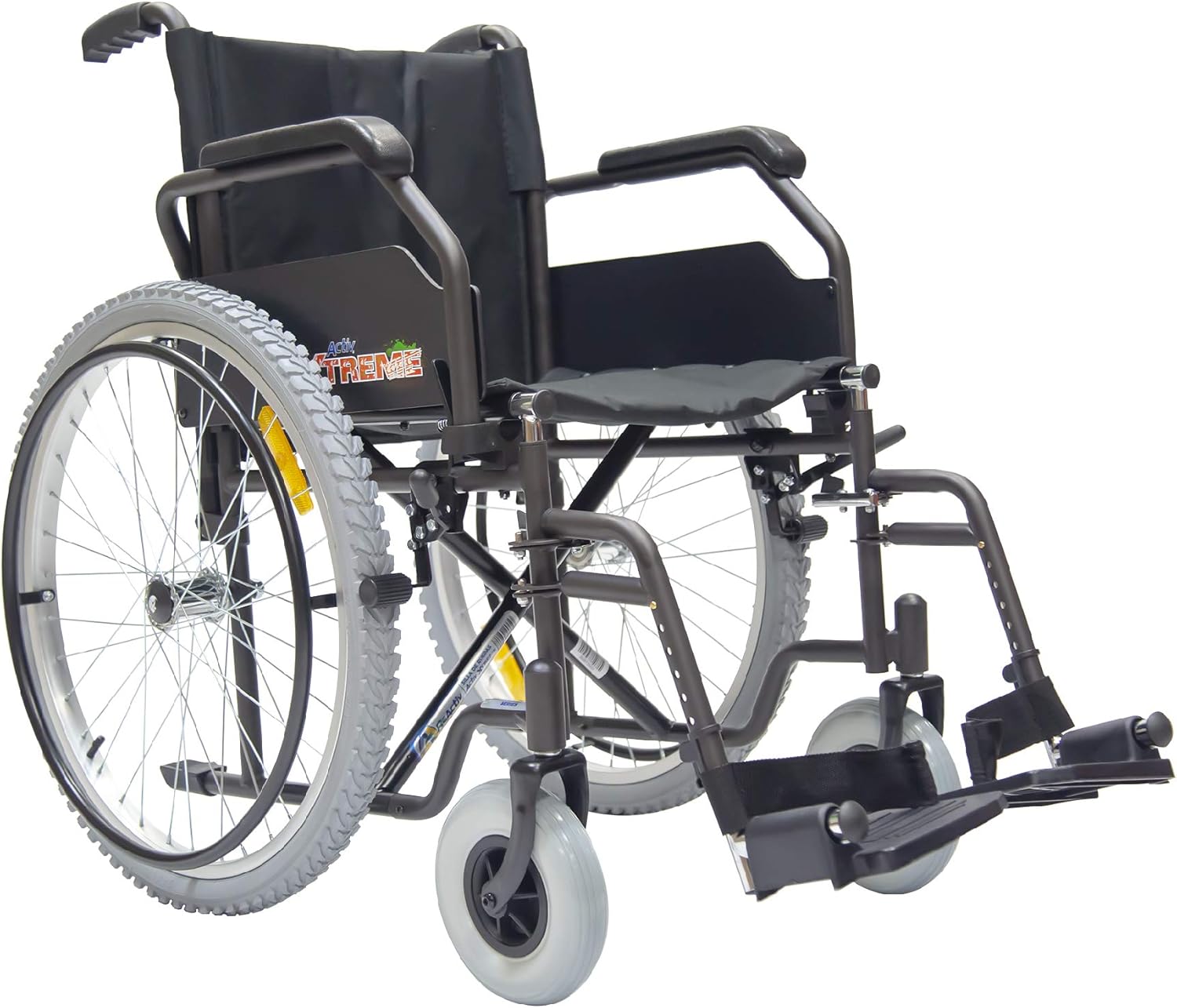 Silla de Ruedas Activ Xtreme ReActiv, Brazos FlipUp y Descansapies Desmontables/Abatibles, R8x2", Rin Aluminio R24x1.75" Neum, T. Nylon, Bruma (Gris Claro)