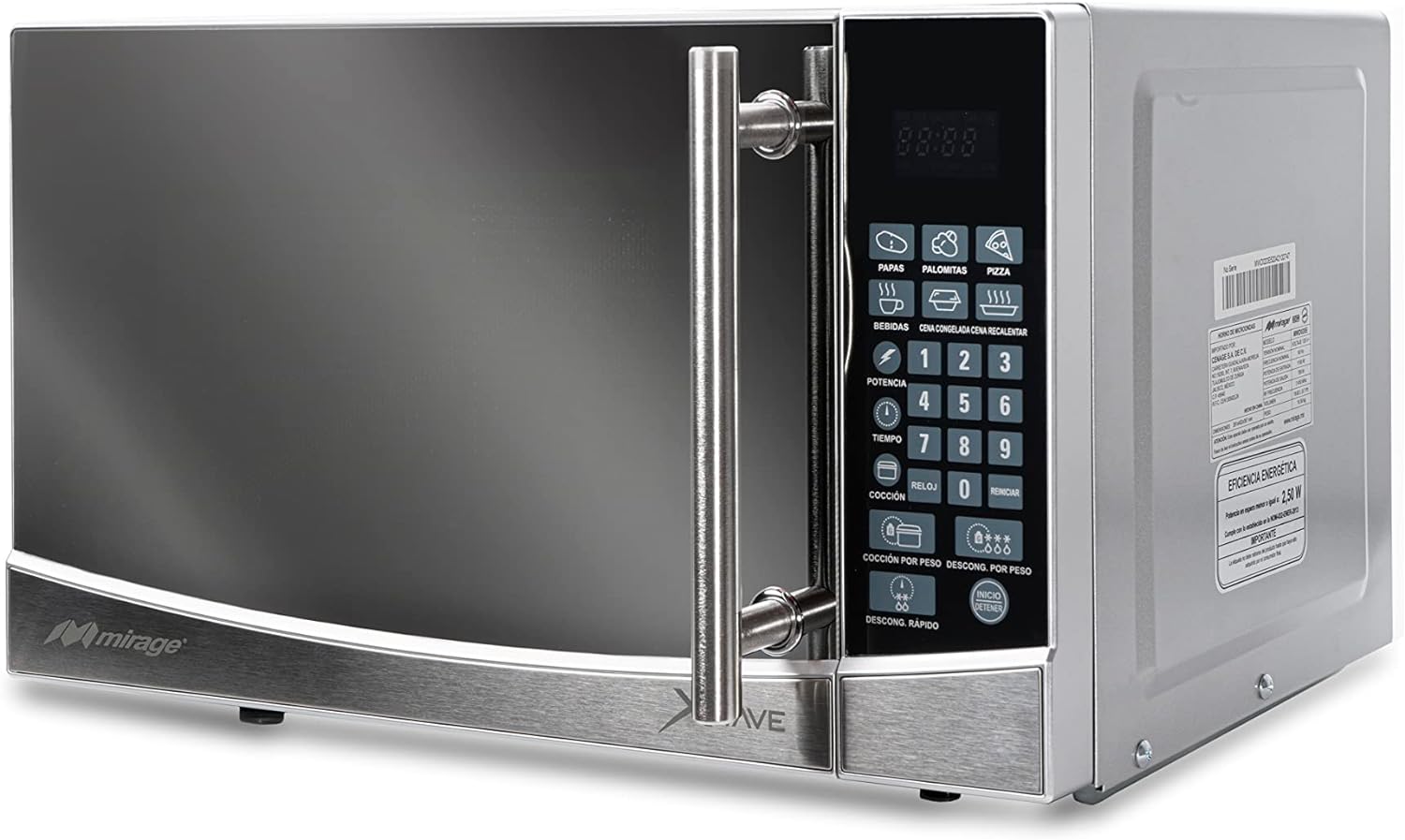 Microondas Xwave Mirage, 0.7 pies, 9 programas predeterminados, acabado tipo espejo, descongelamiento y coccion por pero, plata, modelo MWD020E-PLATA