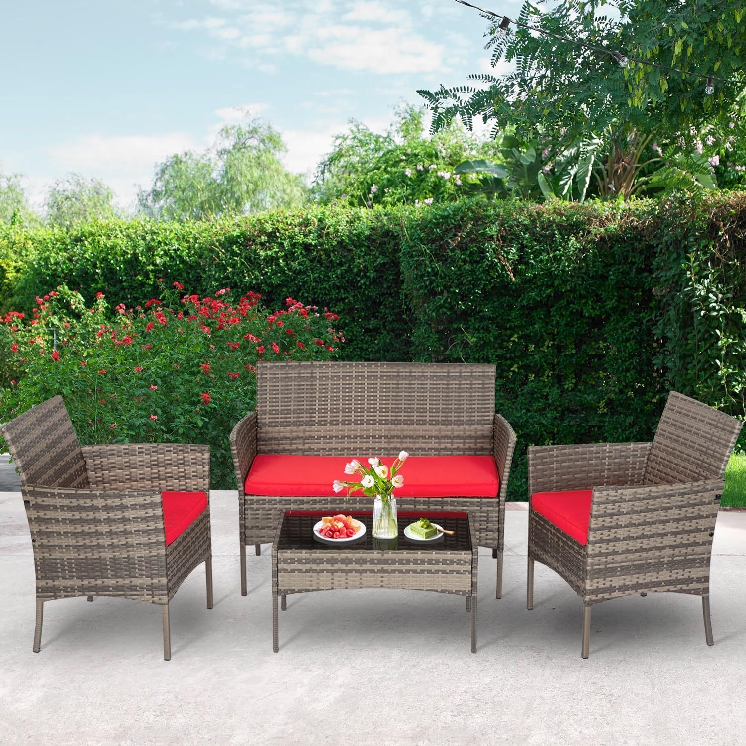 FDW - Juego de 4 muebles para exteriores, juego de conversación de mimbre con silla de ratán, mesa de centro para exteriores, interiores, jardín, patio, porche, terraza, balcón, cojines de mimbre