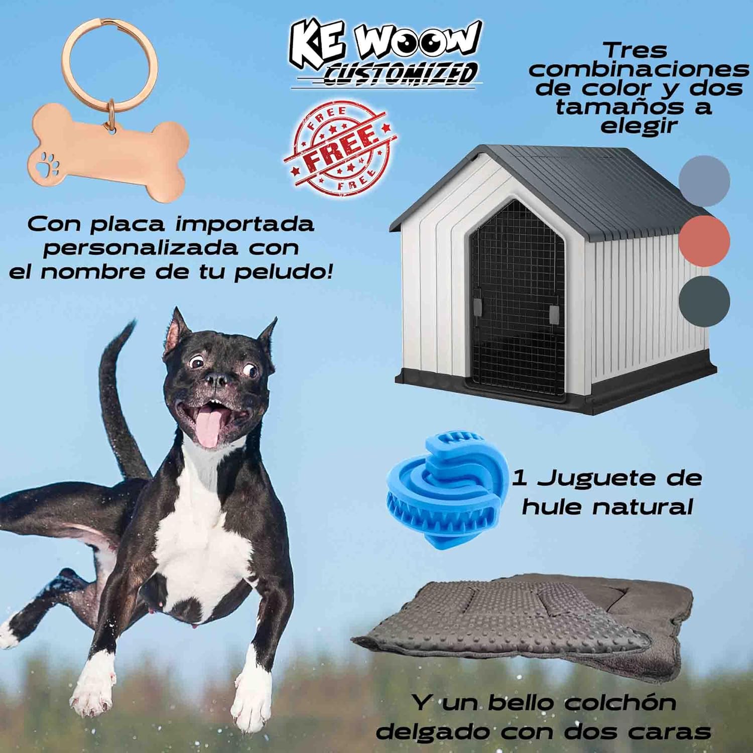 KE WOOW Casa para Perros Medianos y Chicos Premium, Térmica, con Puerta Metálica, Repelente al Clima, Base Elevada, Armable, Color Azul, Incluye Colchón y Juguete de Regalo, 62 x 62 x 60 cm