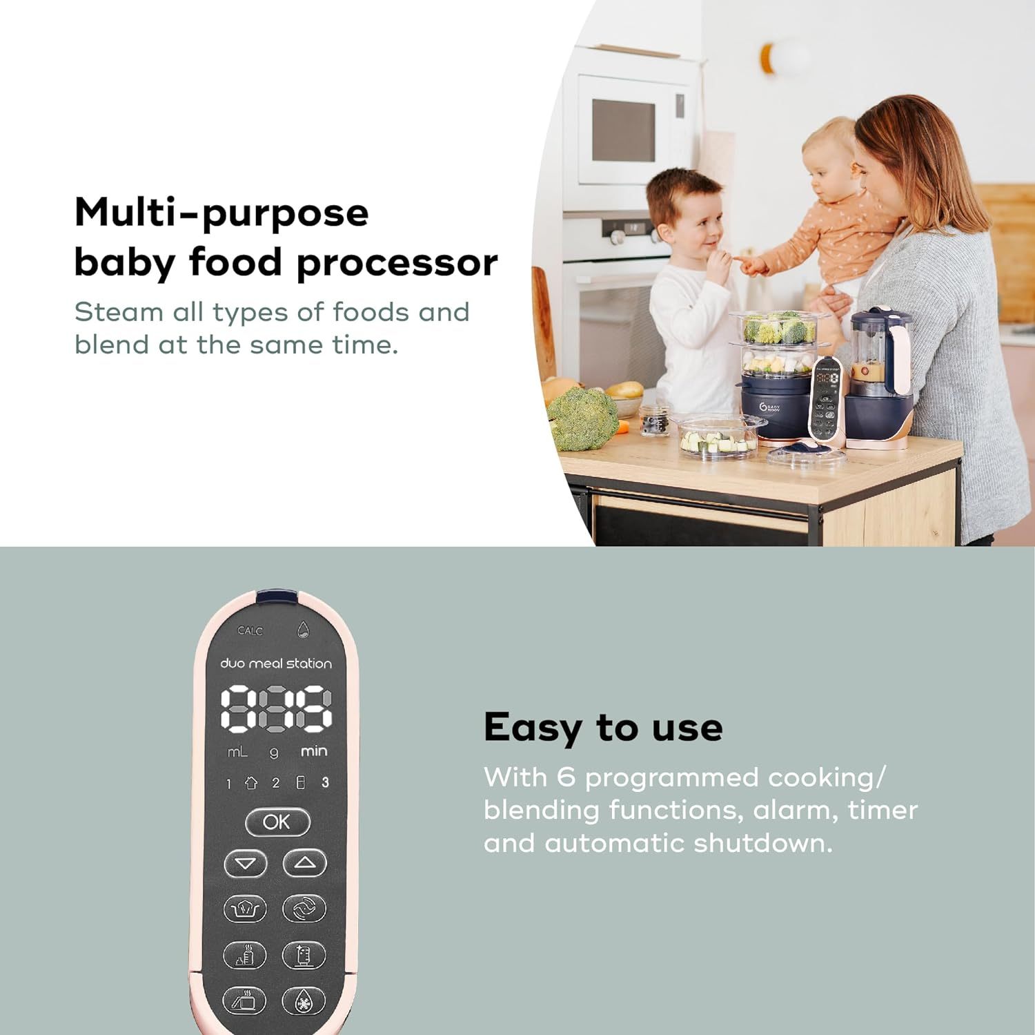 Babymoov Duo Meal 6 en 1: Procesador de Alimentos para Bebés con Vaporizador y Licuadora de Velocidades Múltiples, Calienta y Descongela (Aprobado por Nutricionistas), Gris