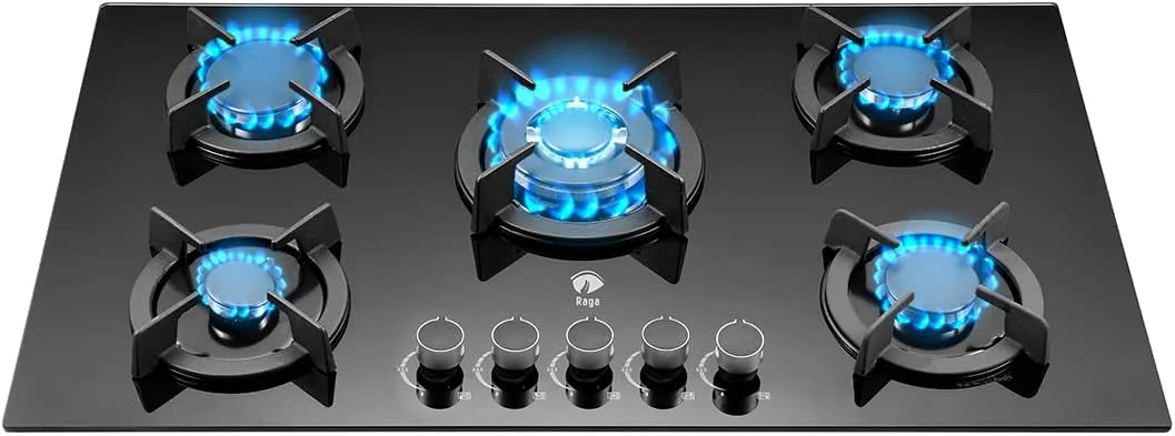 Raganet, Parrilla de Gas con 5 Quemadores, de Cristal Templado, Encendido Eléctrico, Estufa Empotrable y De Mesa, Compatible con Gas Natural y Gas LP Medidas: 88cm Largo X 51cm Ancho X 11cm Alto