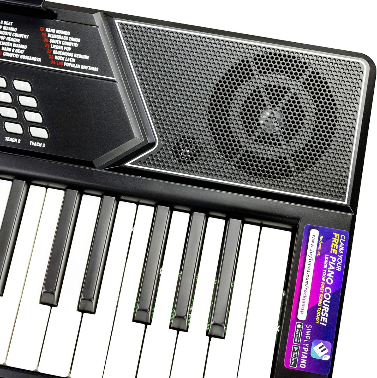 RockJam - Kit de piano con teclado de 61 teclas con banco para teclado, soporte para teclado, auriculares, pegatinas para notas de piano y lecciones de piano Simply