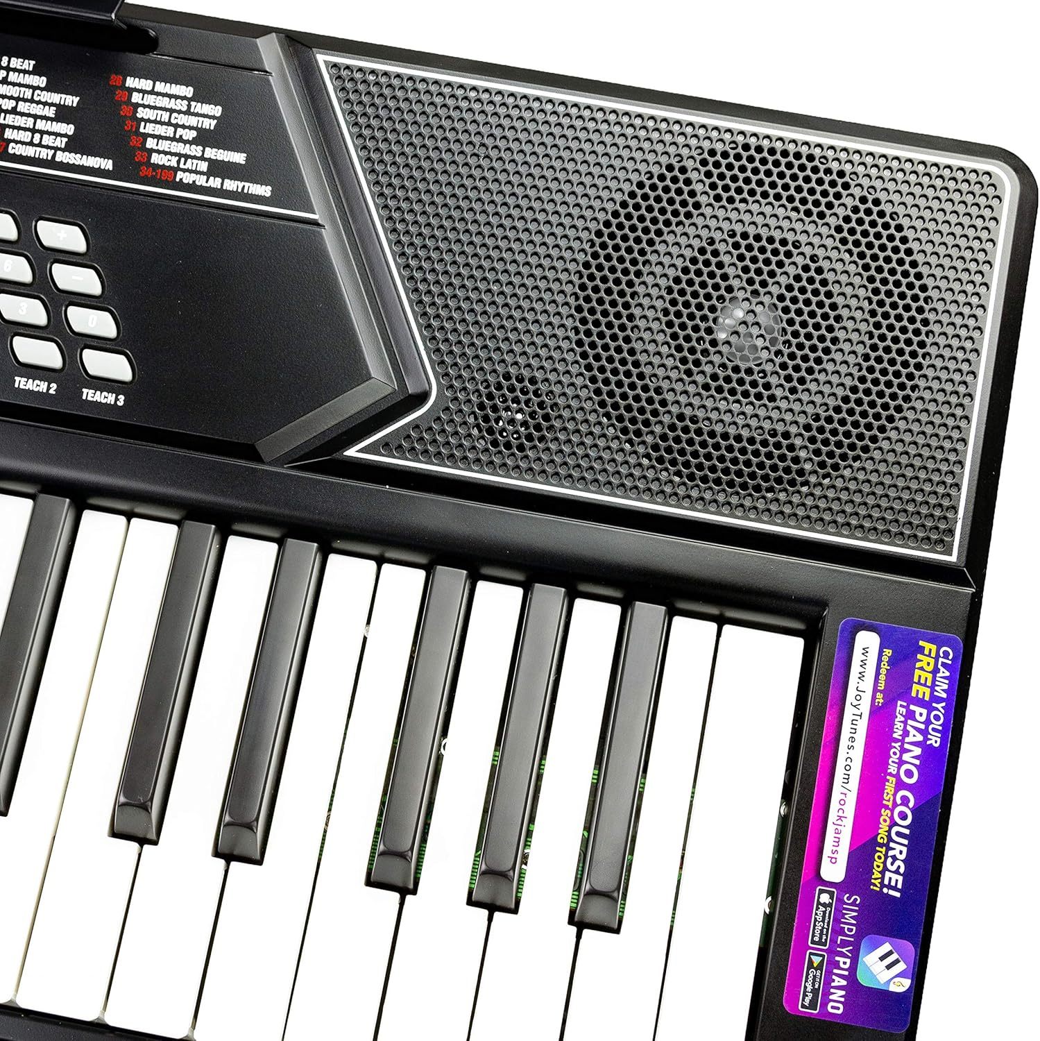 RockJam - Kit de piano con teclado de 61 teclas con banco para teclado, soporte para teclado, auriculares, pegatinas para notas de piano y lecciones de piano Simply