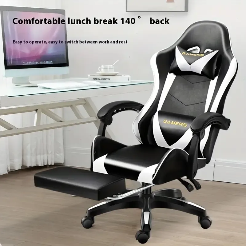 Rotating Nylon Frame Gaming Chair with Sponge Filling, Adjustable Headrest and Lumbar Support, Hardwood and Steel Construction, High-Back Recliner for Computer and Office Use - Ergonomic Design with Mute Pulley and Wipe Clean Instruction