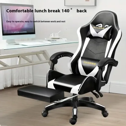Rotating Nylon Frame Gaming Chair with Sponge Filling, Adjustable Headrest and Lumbar Support, Hardwood and Steel Construction, High-Back Recliner for Computer and Office Use - Ergonomic Design with Mute Pulley and Wipe Clean Instruction
