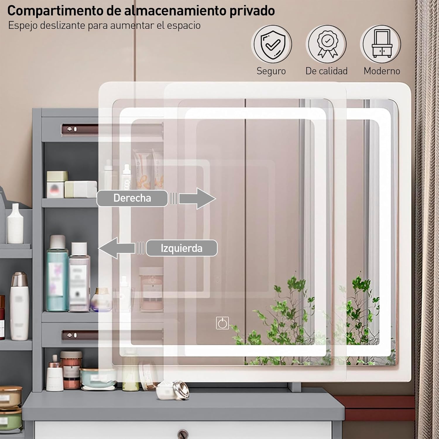 Bluelander Tocador De Niña, Tocador Vanity, Tocador para Niña, Vanity Tocador Hollywood, Tocador de Maquillaje con 4 Cajones, Estantes Ocultos, Incluye Taburete Acolchado, Espejo Led (Gris Claro)