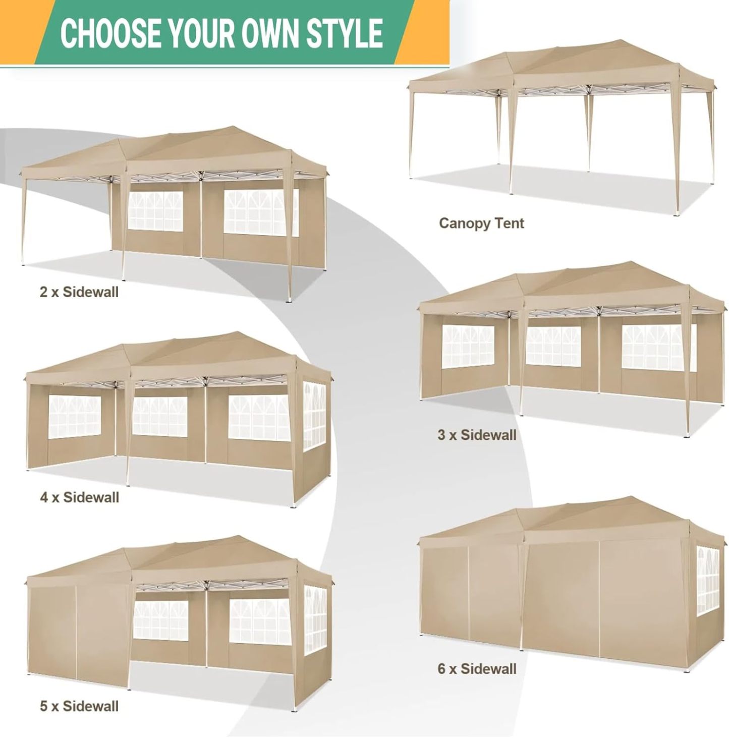 COBIZI - Toldo desplegable de 10 x 20 Pulgadas con 6 Paredes Laterales, toldo Impermeable para Eventos al Aire última intervensión, UPF 50+ cenador portátil para Fiestas, Playa, Camping, Boda,