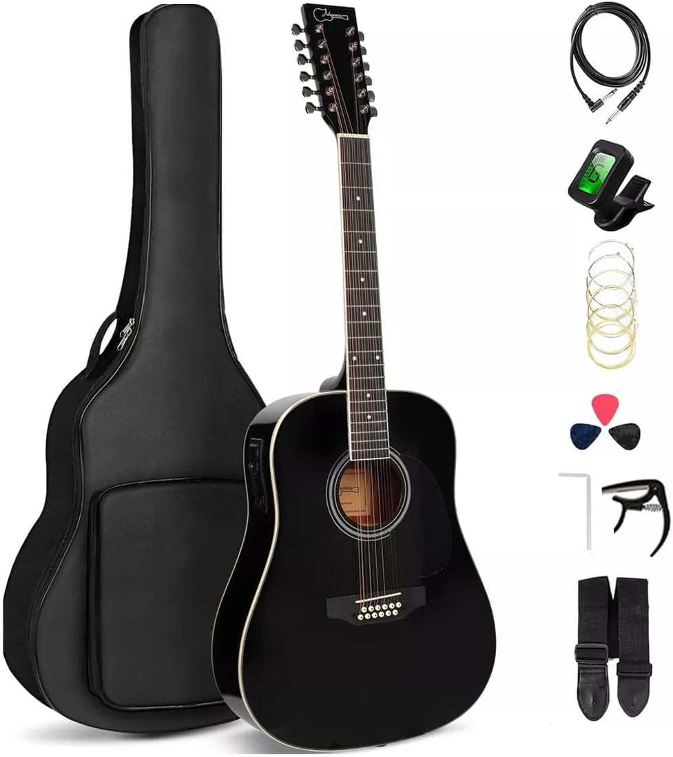 Jidyous-41 Inch,4/4,Guitarra Electroacústica 12 cuerdas,con Funda Acolchada, afinadores, Tirantes de guitarra,cuerdas, paletas, capó, adecuada para adultos jóvenes de nivel medio (Black)
