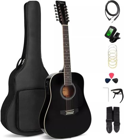 Jidyous-41 Inch,4/4,Guitarra Electroacústica 12 cuerdas,con Funda Acolchada, afinadores, Tirantes de guitarra,cuerdas, paletas, capó, adecuada para adultos jóvenes de nivel medio (Black)