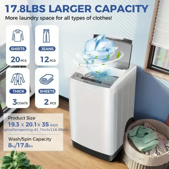 Lavadora Portátil, Capacidad de 13.5 libras/17.8 libras, Lavadora y Secadora Portátil de 1.8/2.4 pies cúbicos con bomba de drenaje, 10 programas y 8 niveles de agua para hogares y apartamentos