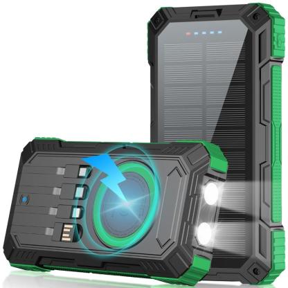 49800mAh Banco de energía solar portátil con carga rápida de 22.5W y carga inalámbrica de 15W, 4 cables integrados, 6 salidas y 2 entradas. Potente y versátil, ideal para viajes, campamentos y emergencias. banco de energía solar, energía portátil, tecnolo