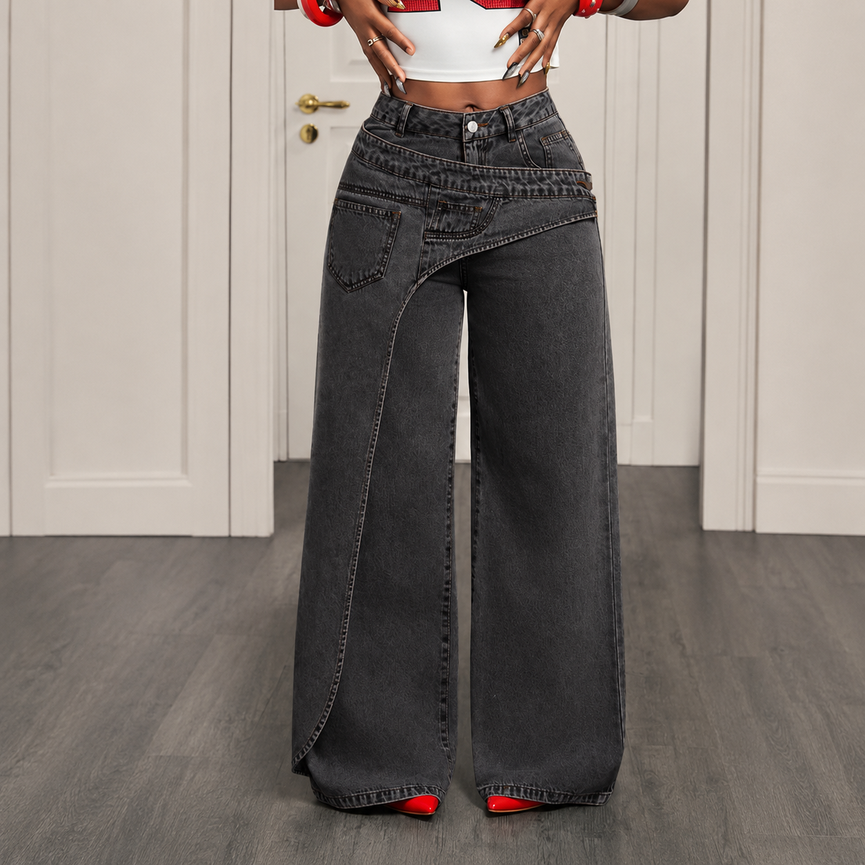 Jeans de pierna ancha y cintura alta para mujer con cintura asimétrica – Pantalones vaqueros holgados de lavado claro