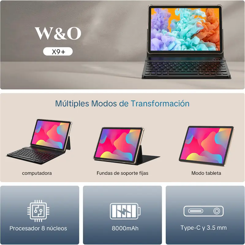10.1 Inch Tablet | 8 Core Android 15.0 | 8GB RAM 256GB Storage | Dual Cameras | Bluetooth-compatible | Batería 10000mAh | WiFi 5G |