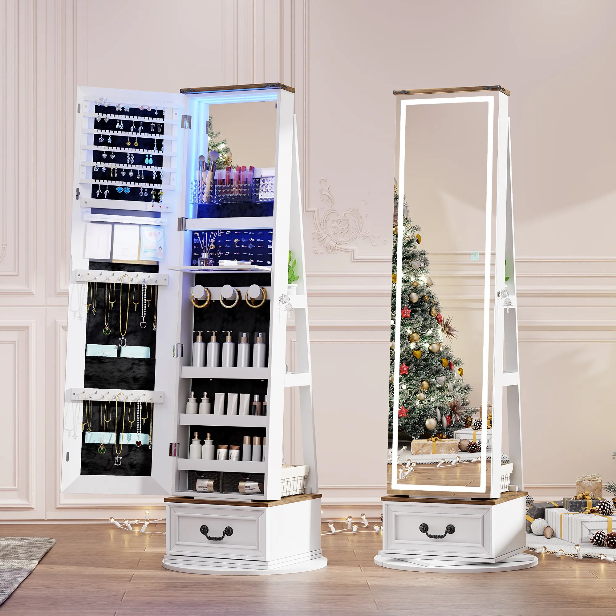 ✨ Espejo de Cuerpo Entero con Armario Joyero Giratorio 360° | Luz LED de 3 Colores | Organizador con Cerradura | Almacenamiento Multifuncional para Dormitorio 💎