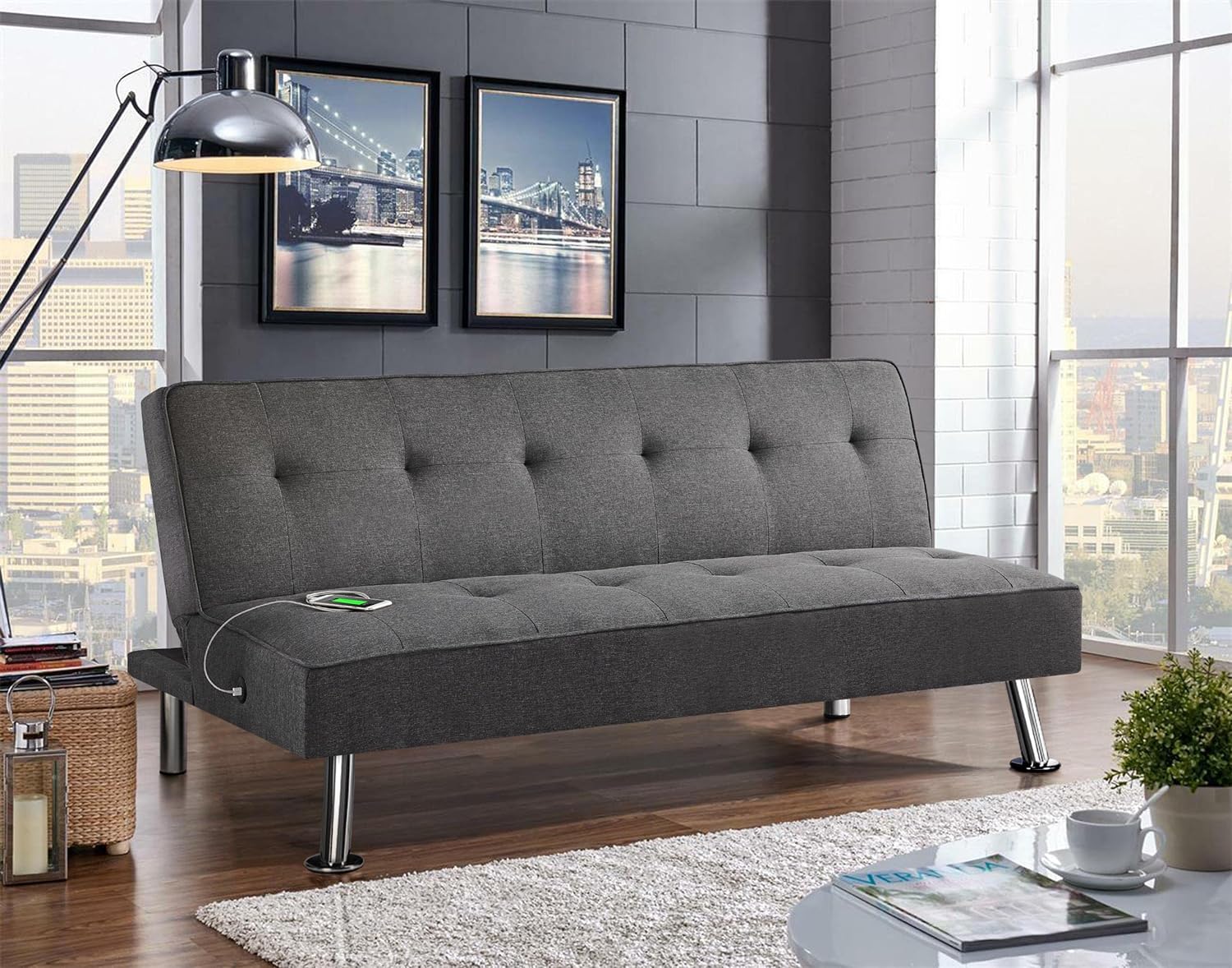 Yaheetech - Sofá Cama Convertible Moderno con 2 Puertos de Carga USB Integrados de Tela, Patas de Metal, 3 ángulos Ajustables para una Vida compacta, Departamento, recámara, habitación Extra Gris