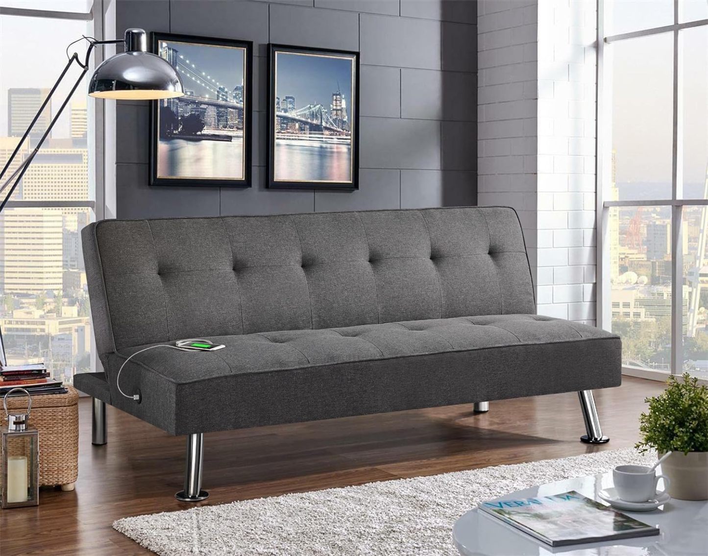 Yaheetech - Sofá Cama Convertible Moderno con 2 Puertos de Carga USB Integrados de Tela, Patas de Metal, 3 ángulos Ajustables para una Vida compacta, Departamento, recámara, habitación Extra Gris