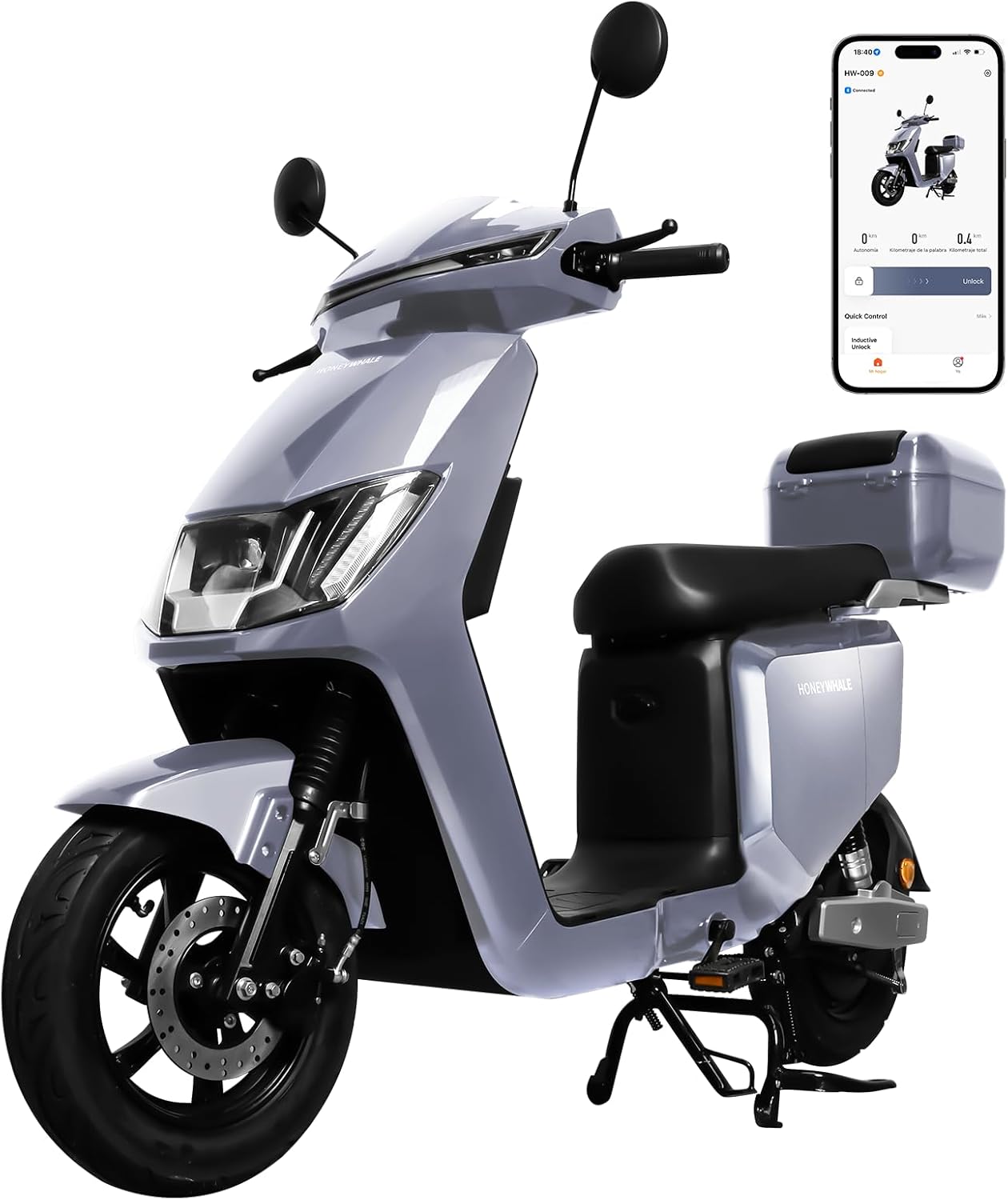 HONEYWHALE i009 Moto Bicicleta Electrica para Adultos, Scooter Inteligente con Batería de Litio Extraíble de 24AH, 800W Motor, Velocidad Máxima 50KM/H, Autonomía 70KM, Sistema Antirrobo
