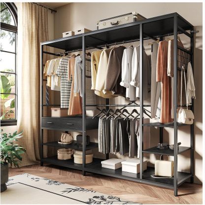 Simple Wisdom Closet Armables Para Ropa,2M Perchero Para Ropa Esquina en Forma de L,Closet Para Ropas Con 2 Cajones de Madera,Rack Para Ropas Con 5 Estantes Abiertos (Negro)